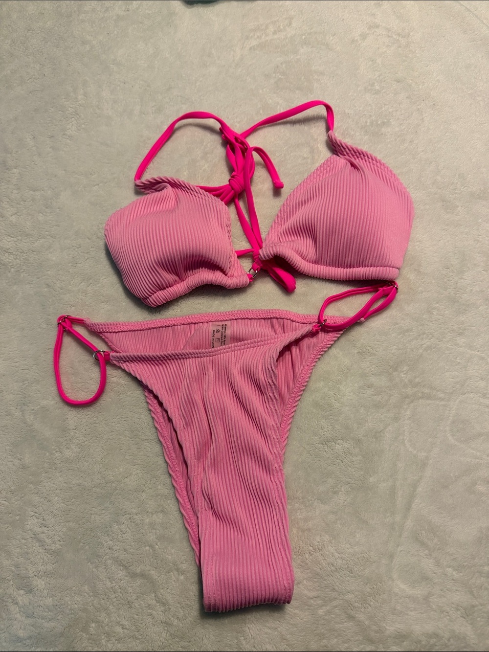 Amazon Pink Ribbed Triangle Bikini Set - Women Swim